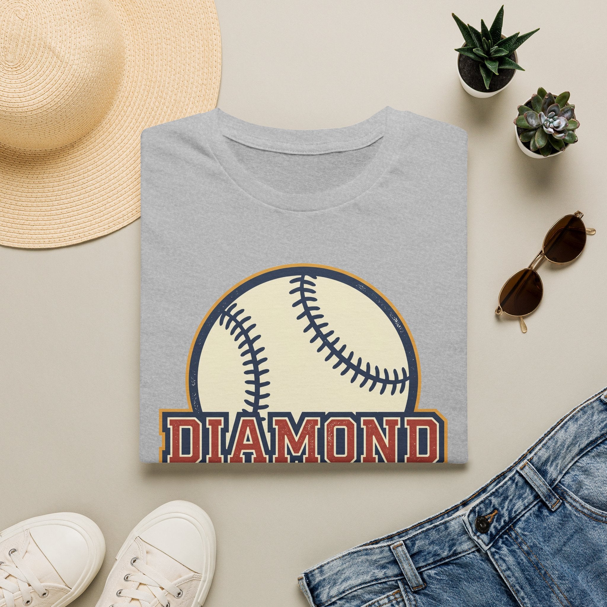 Light gray crew-neck baseball T-shirt with baseball “DIAMOND” graphic