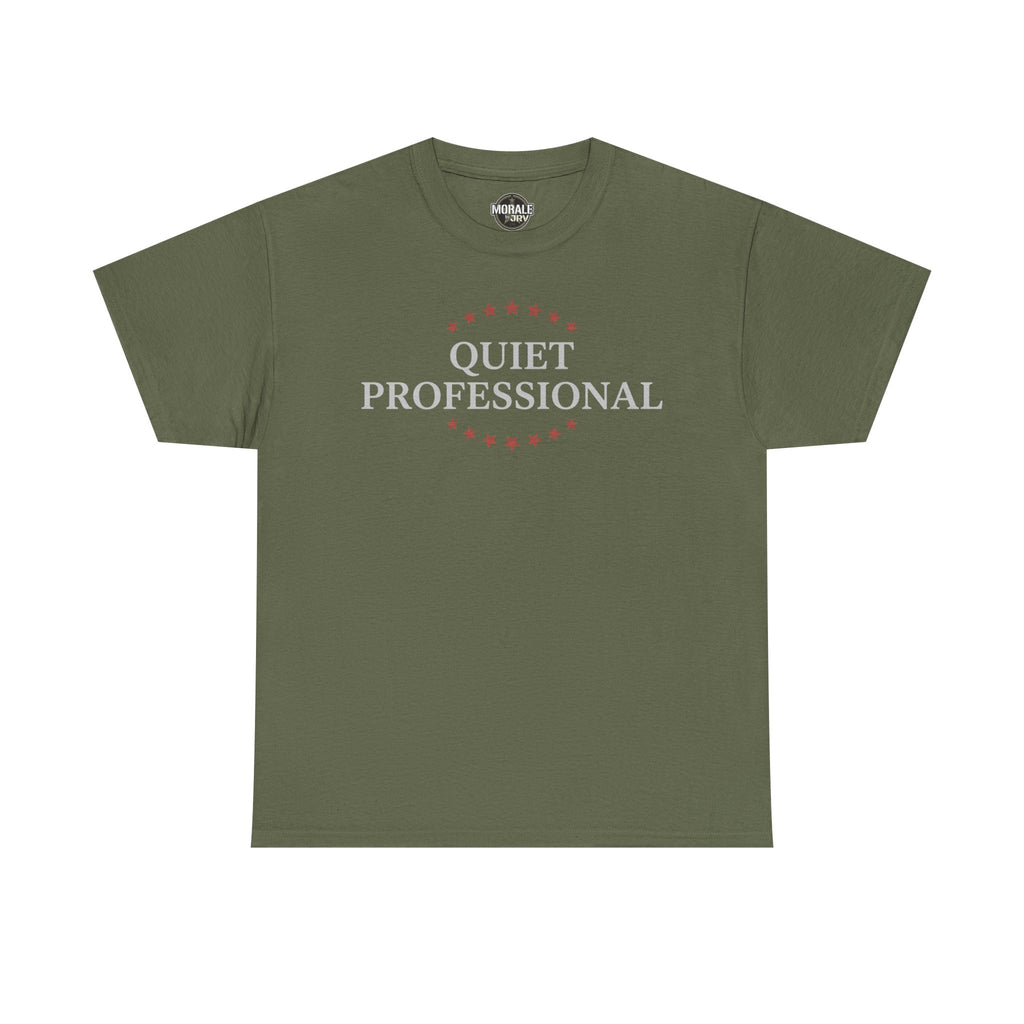 Olive green minimalist graphic T-shirt with front wreath logo and 'Quiet Professional' text