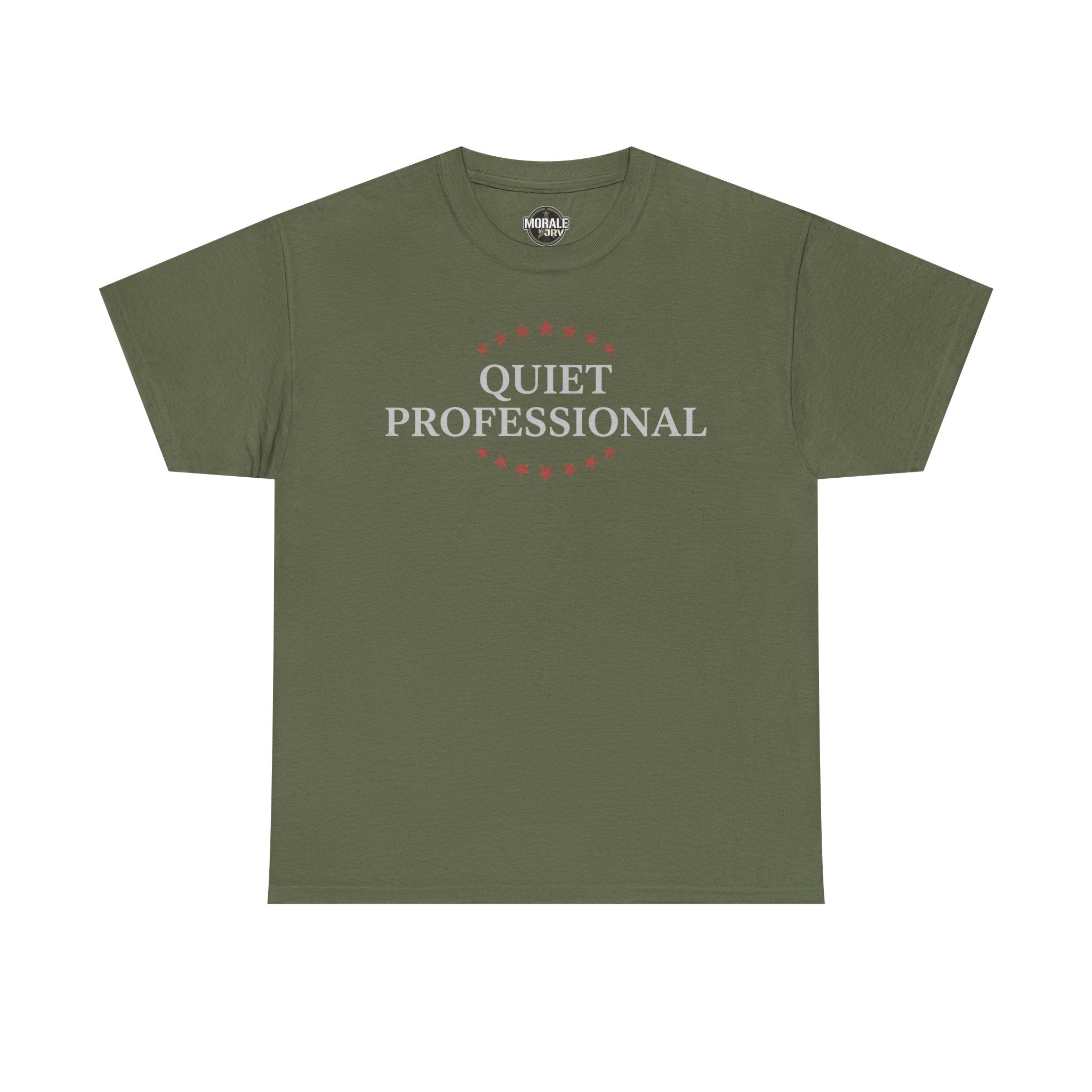 Olive green minimalist graphic T-shirt with front wreath logo and 'Quiet Professional' text