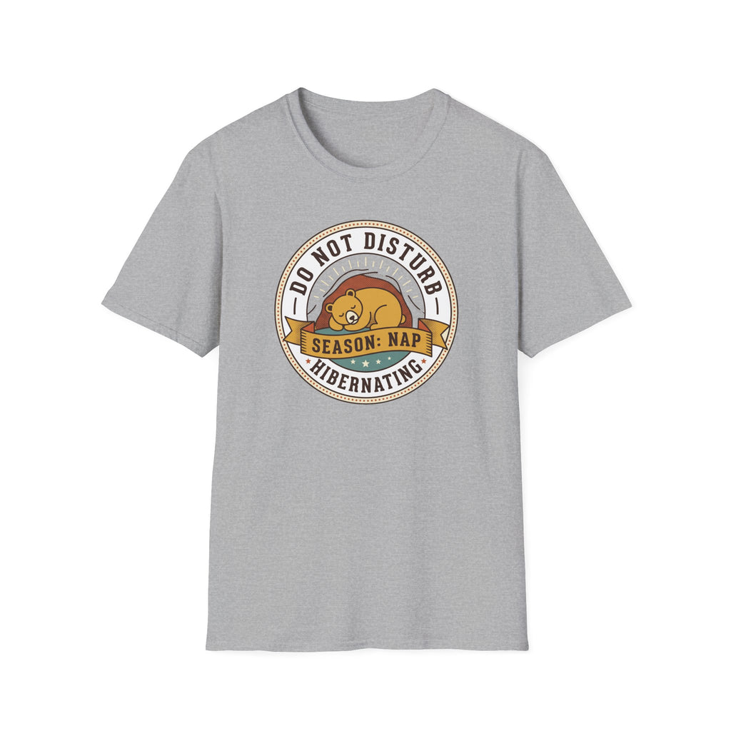 Heather gray nap T-shirt with circular sleeping bear 'Do Not Disturb Season: Nap' graphic