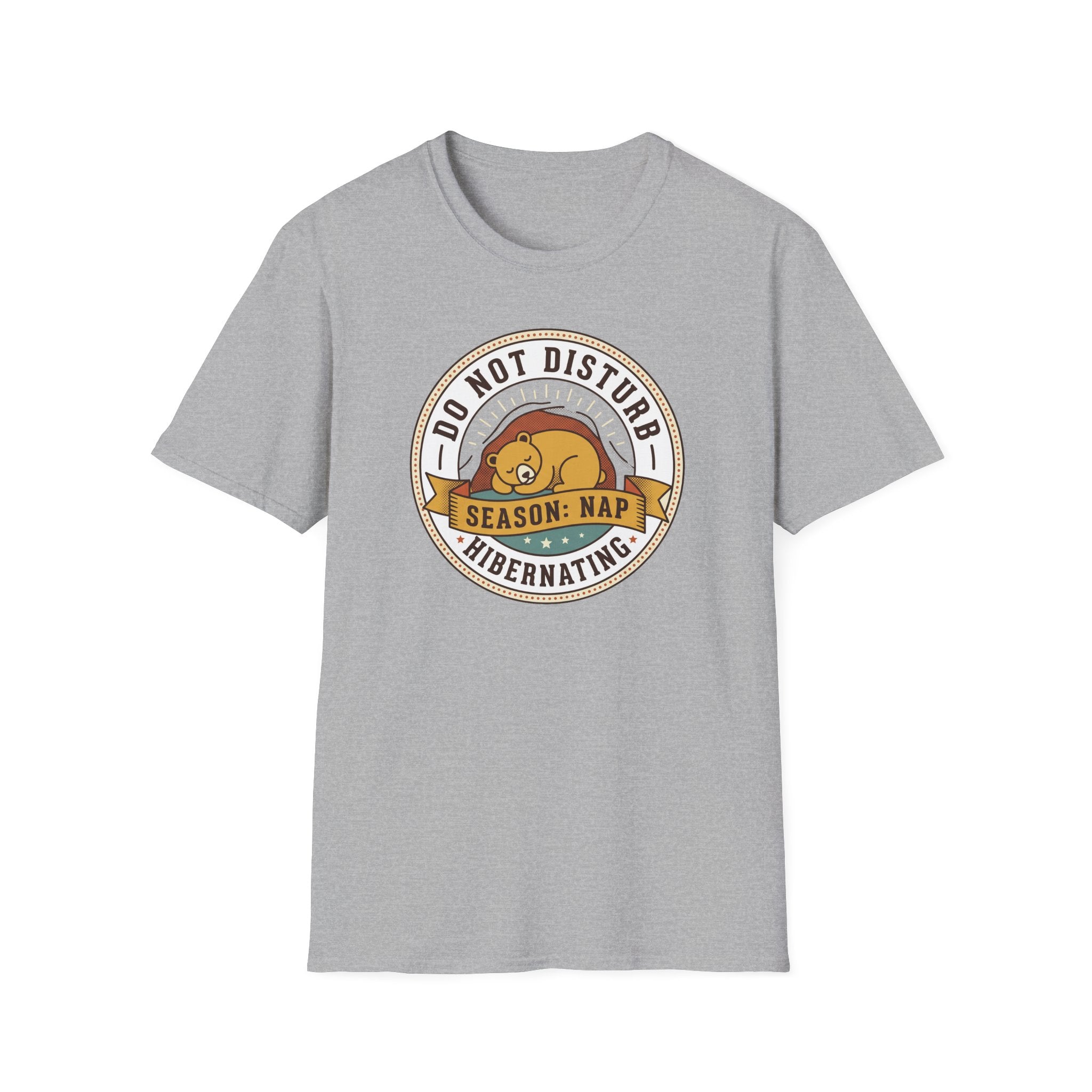 Heather gray nap T-shirt with circular sleeping bear 'Do Not Disturb Season: Nap' graphic