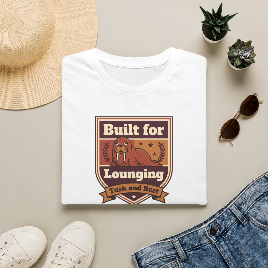 White t-shirt with walrus graphic and “Built for Lounging” text, short sleeves