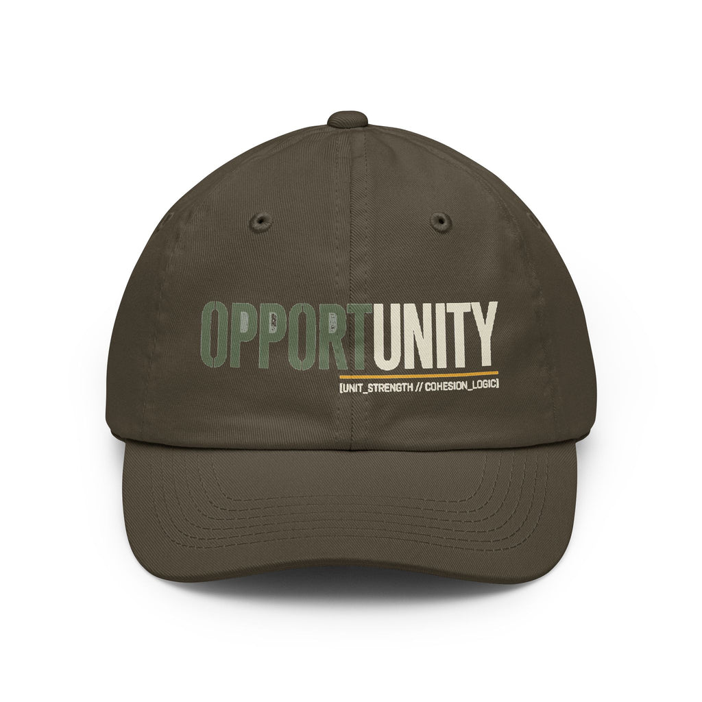 Olive dad hat with embroidered “OPPORTUNITY” text on the front