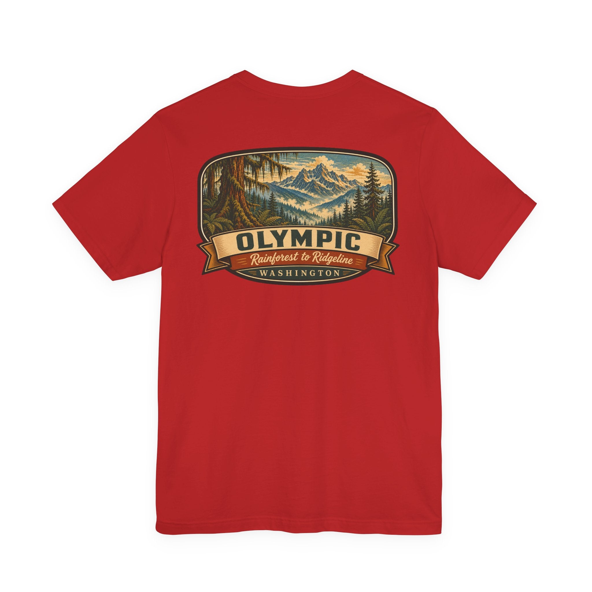 Red crew-neck T-shirt with centered mountain badge graphic and banner text