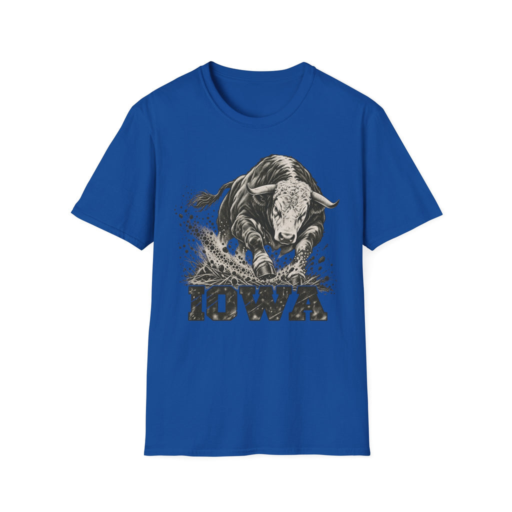 Blue crewneck t-shirt with charging bull and Iowa graphic print on front