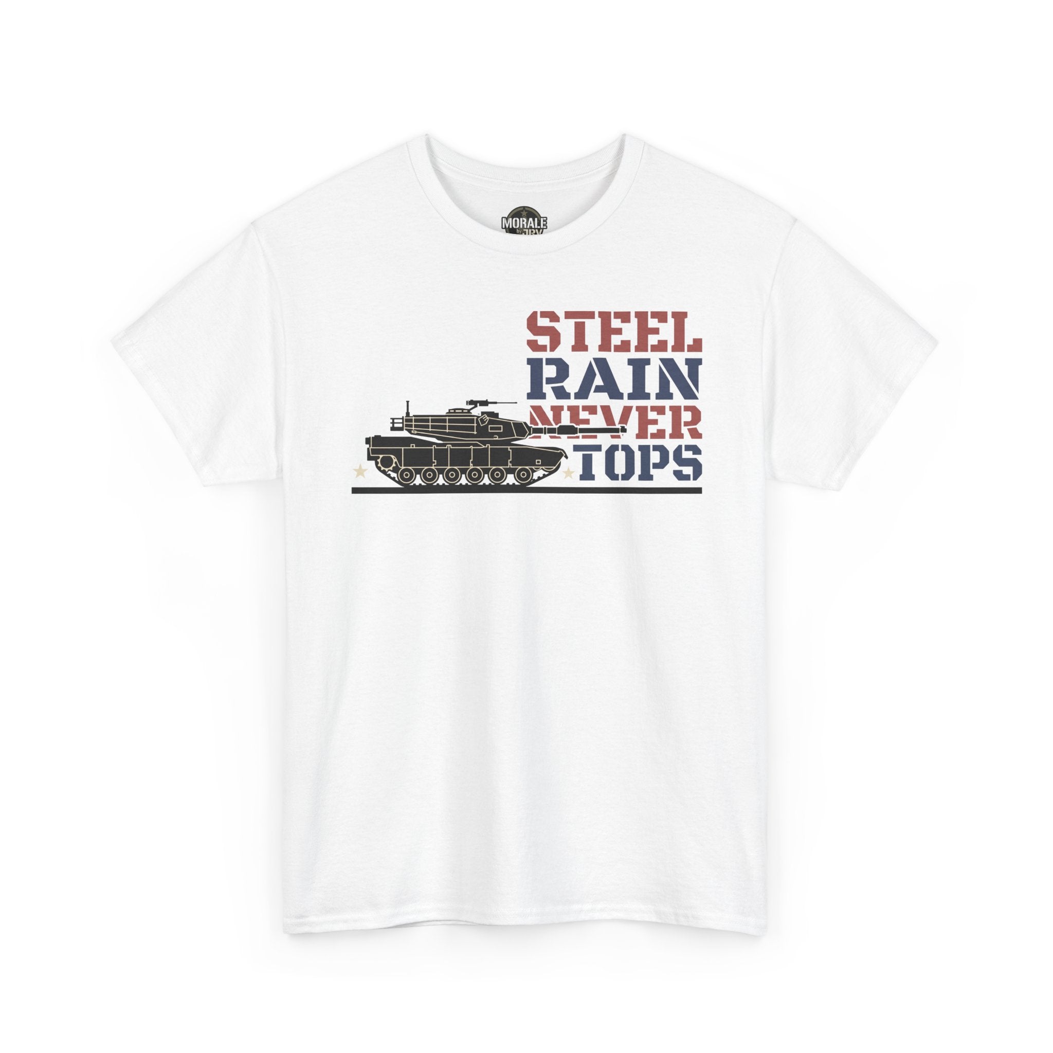 White crew-neck T-shirt with tank and “Steel Rain Never Tops” graphic on front