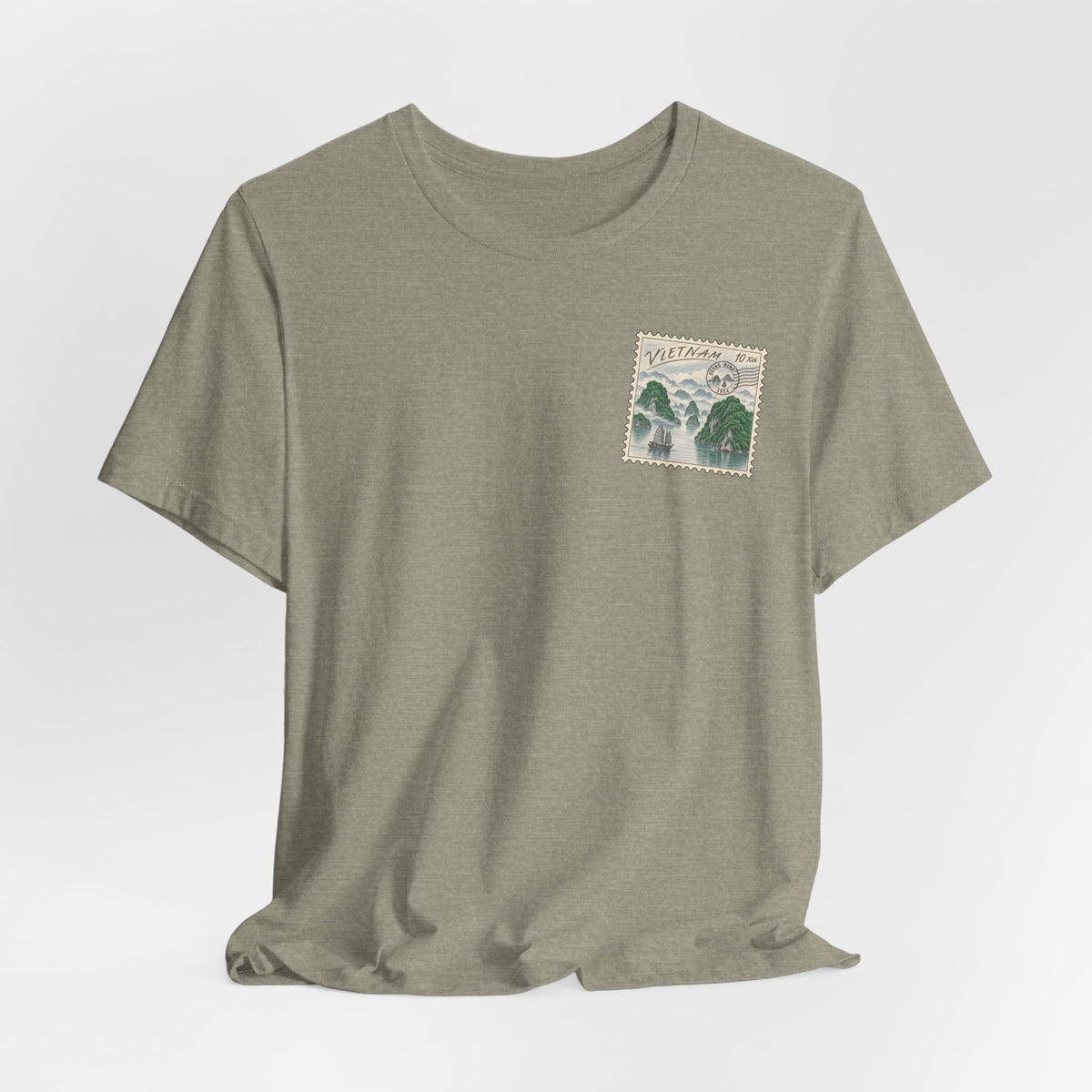 Light heather green-gray T-shirt with small Vietnam postage stamp-style chest graphic