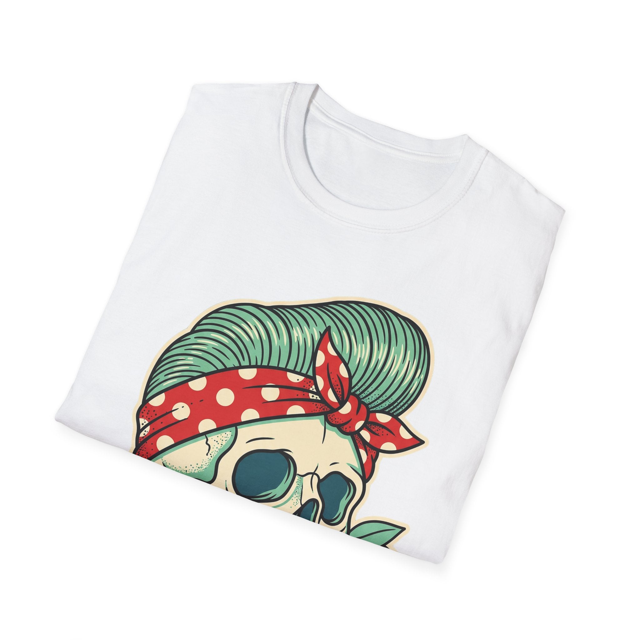 White T-shirt with sugar skull face graphic, green striped hair and red bandana