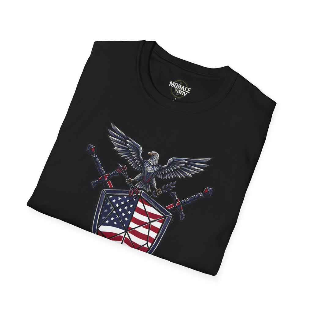 Black T-shirt with patriotic eagle and crossed weapons over flag graphic