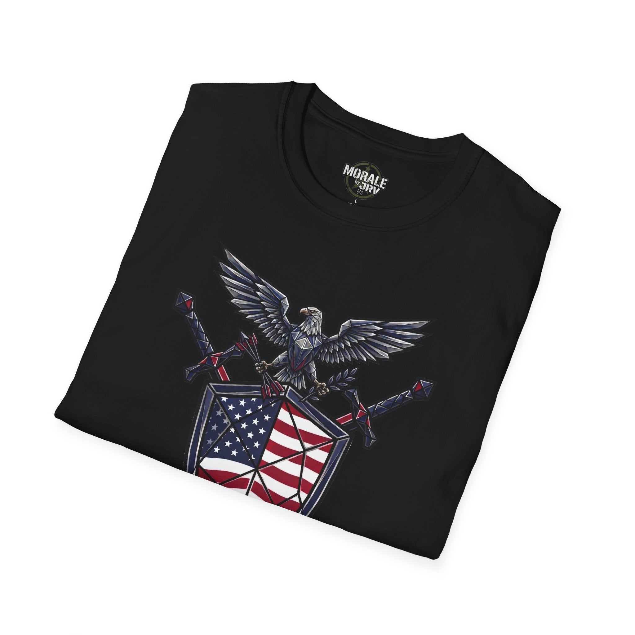 Black T-shirt with patriotic eagle and crossed weapons over flag graphic