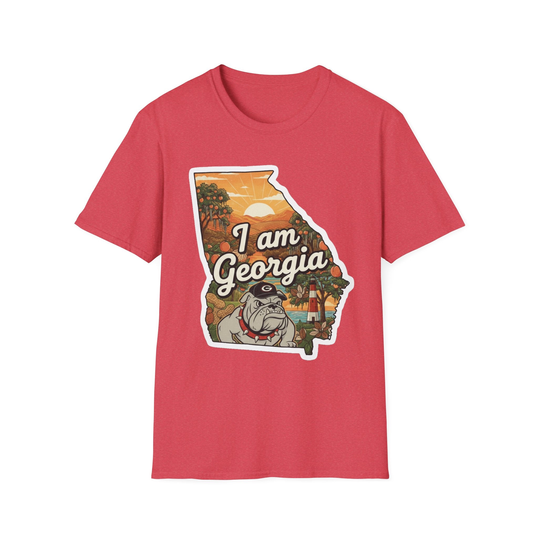 Red T-shirt with Georgia map bulldog graphic and 'I am Georgia' lettering