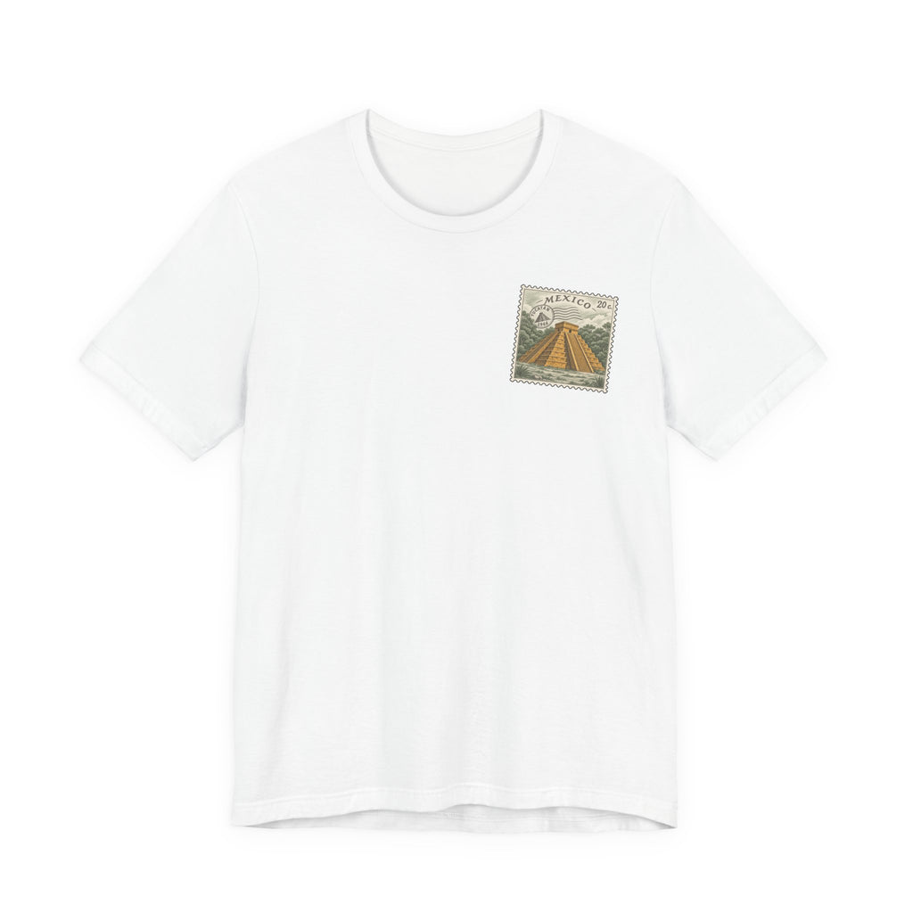 White t-shirt with small vintage-style Mexico stamp graphic at upper chest