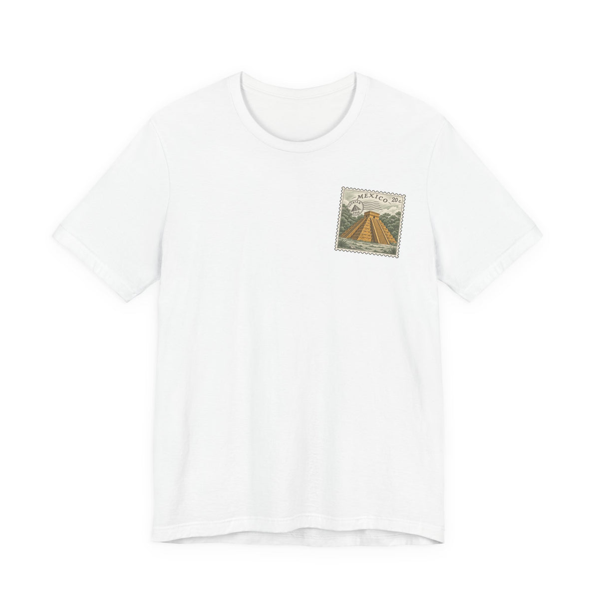 White t-shirt with small vintage-style Mexico stamp graphic at upper chest
