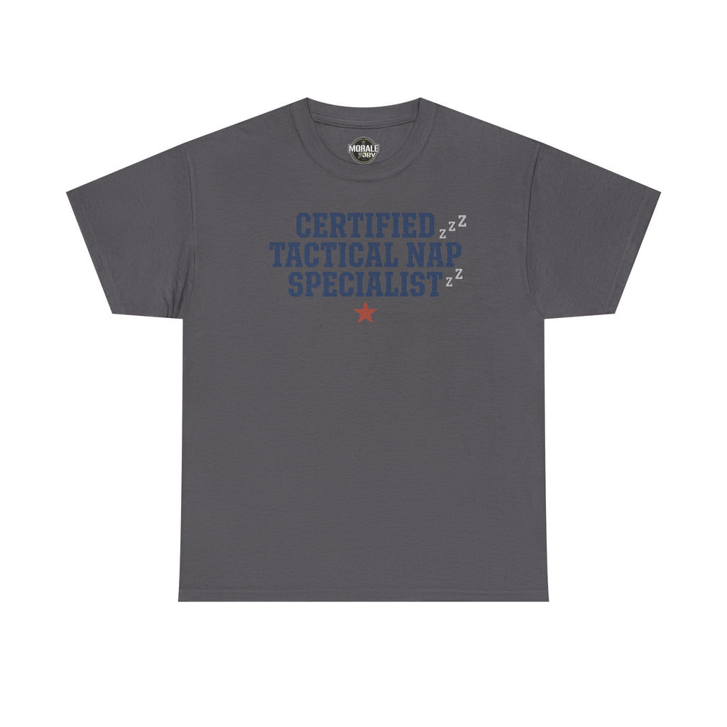 Charcoal crewneck tee with 'Certified Tactical Nap Specialist' print