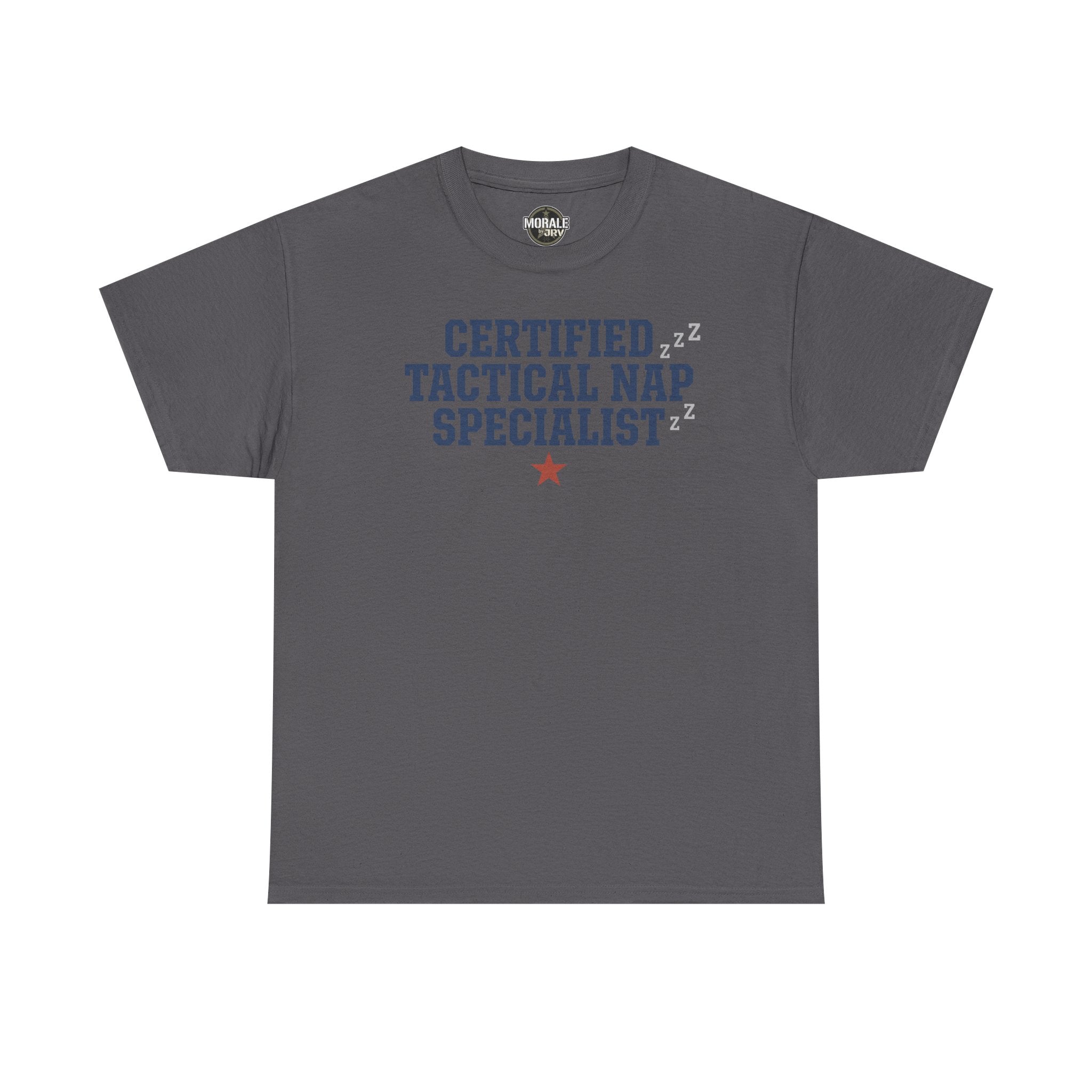 Charcoal crewneck tee with 'Certified Tactical Nap Specialist' print