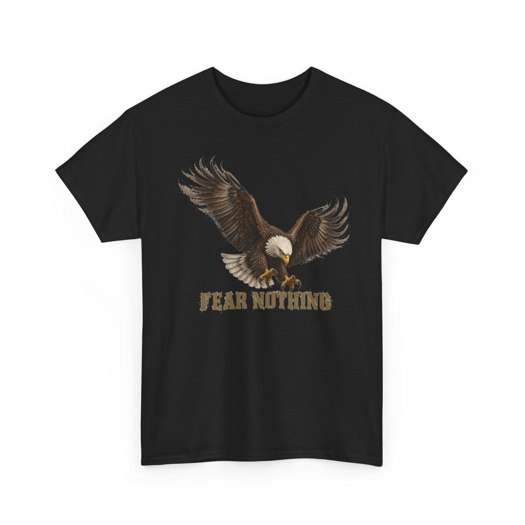 Black crewneck T-shirt with eagle graphic and “FEAR NOTHING”