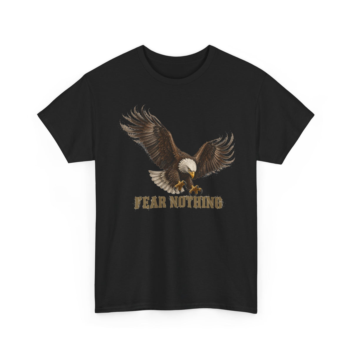 Black crewneck T-shirt with eagle graphic and “FEAR NOTHING”