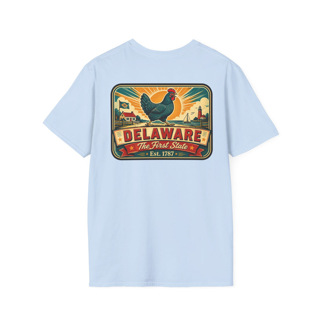 Light blue Delaware travel badge T-shirt with colorful hen and “Delaware” front graphic