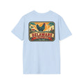 Light blue Delaware travel badge T-shirt with colorful hen and “Delaware” front graphic