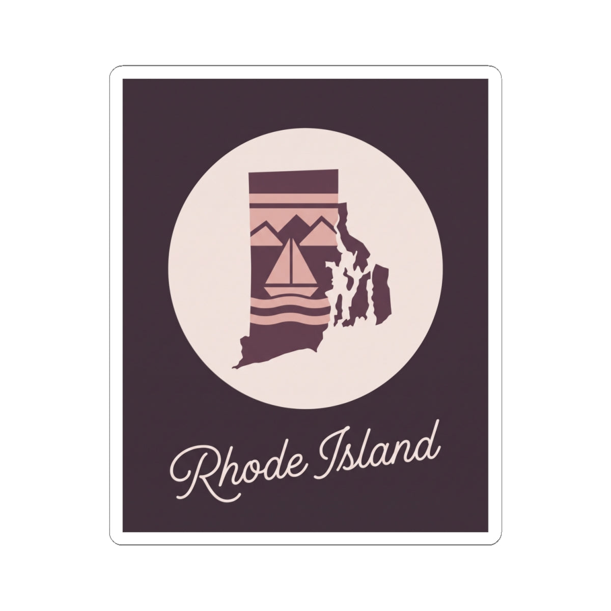 Rhode Island sticker decal: circular emblem with state outline, 'Rhode Island' script on dark purple