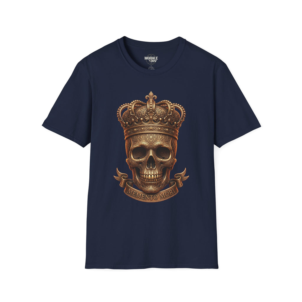 Navy Crowned Skull T-Shirt with gold crown skull and ribbon banner