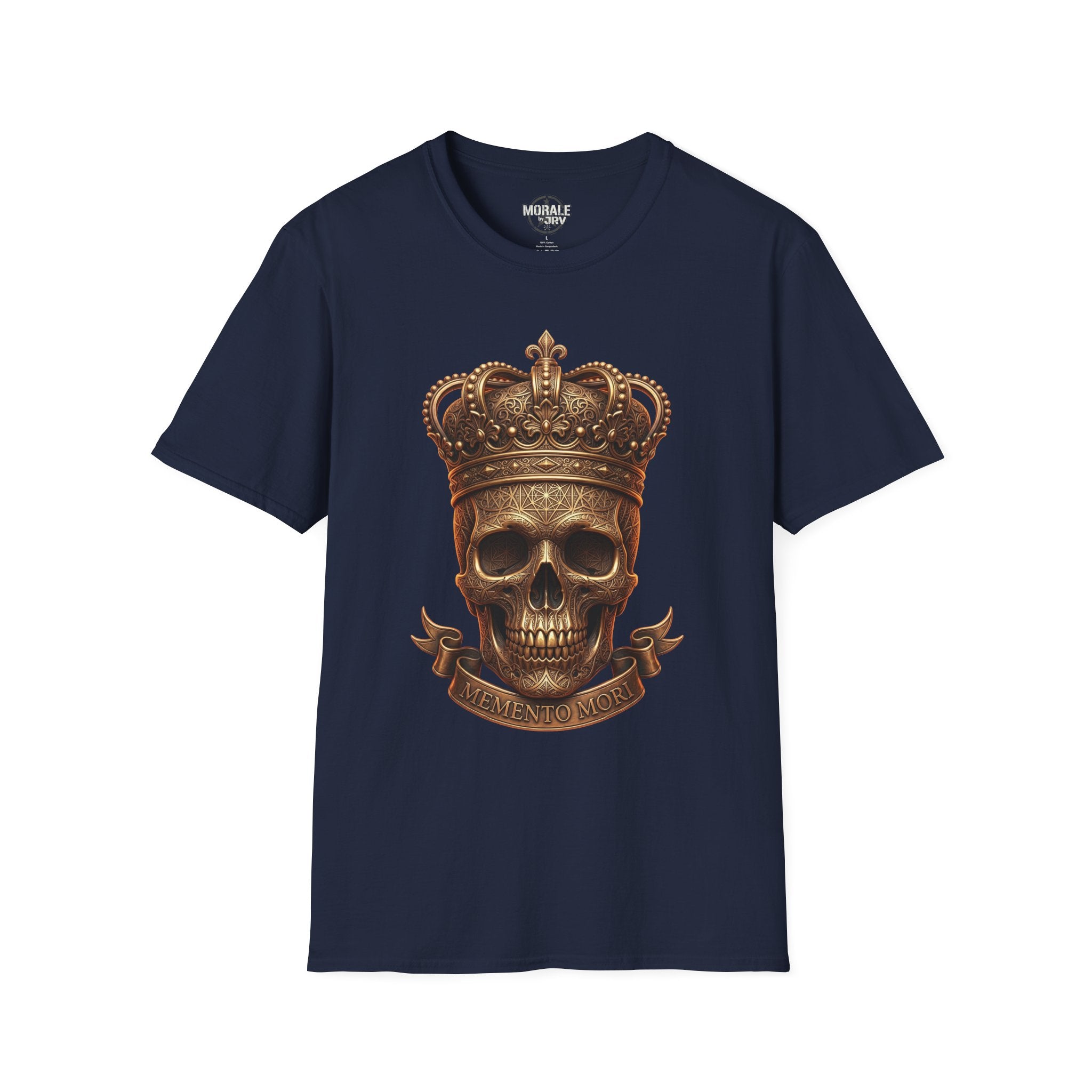 Navy Crowned Skull T-Shirt with gold crown skull and ribbon banner
