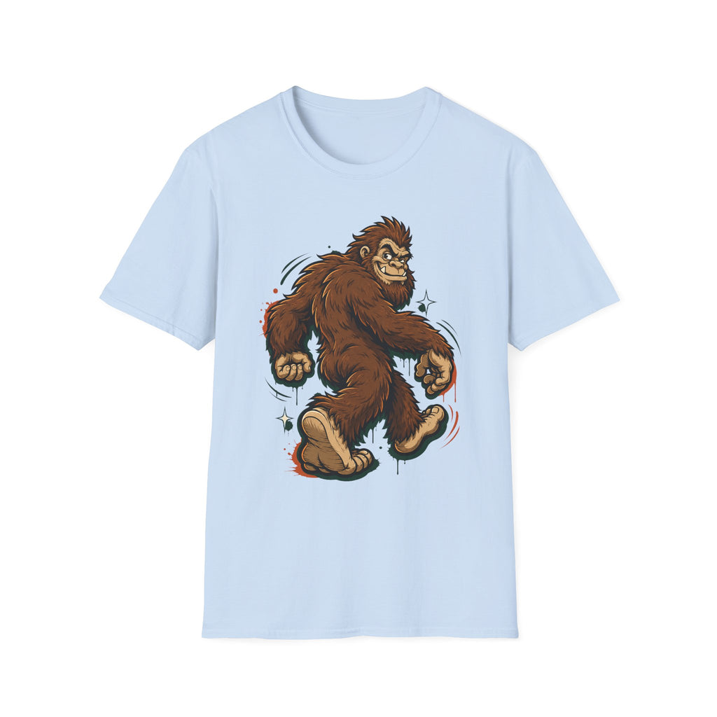 Light blue crew-neck t-shirt featuring smirking sasquatch cartoon graphic
