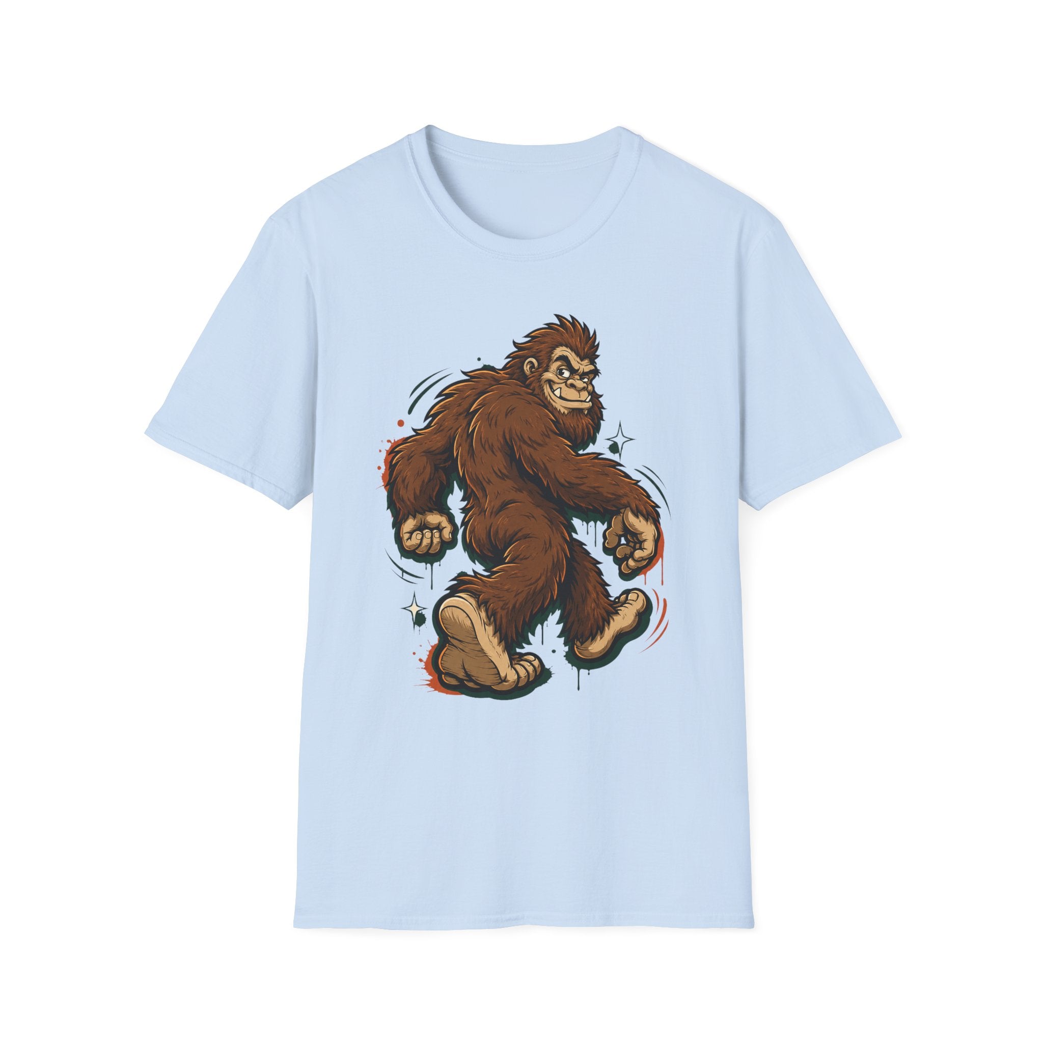 Light blue crew-neck t-shirt featuring smirking sasquatch cartoon graphic