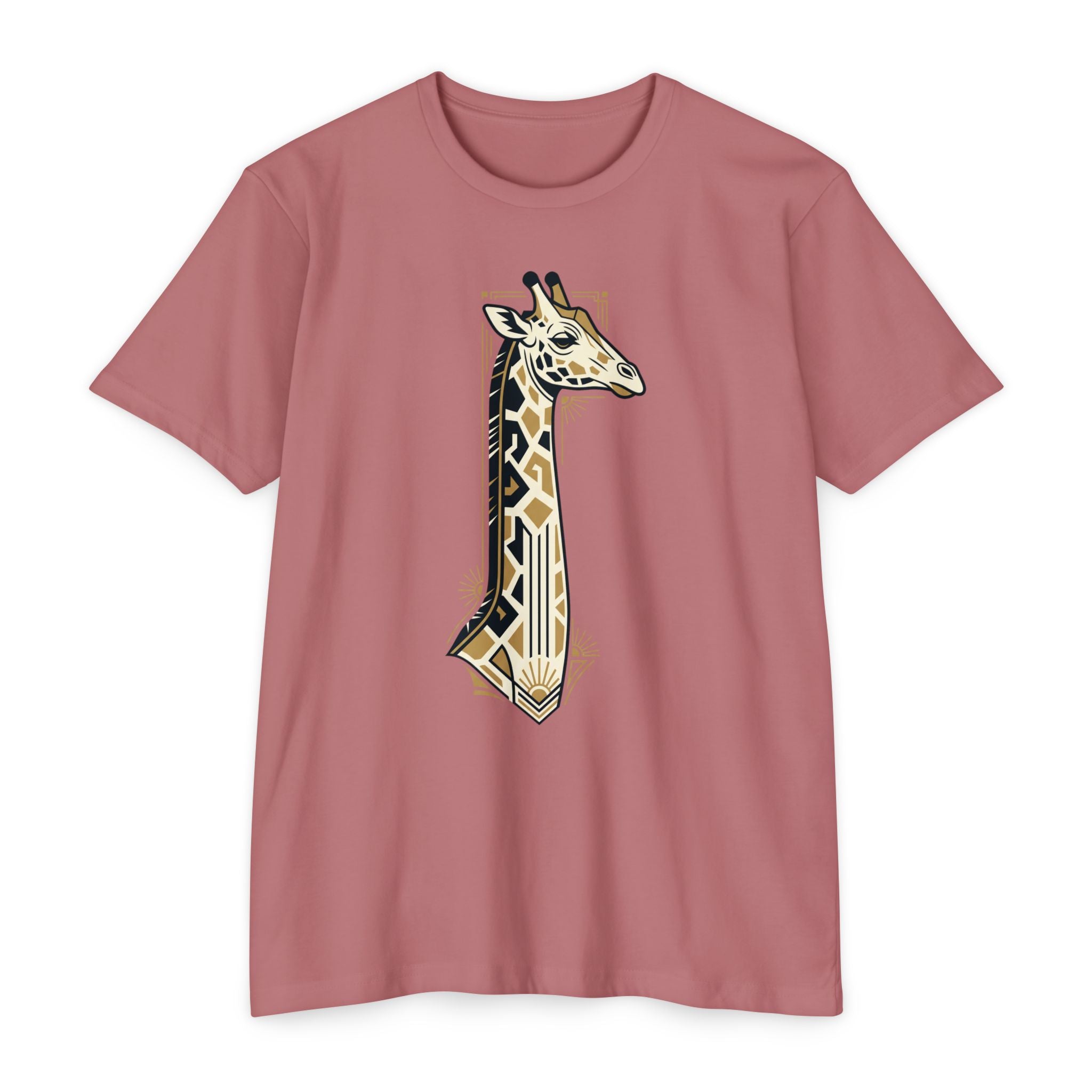 Dusty rose giraffe graphic T-shirt with Art Deco geometric badge print
