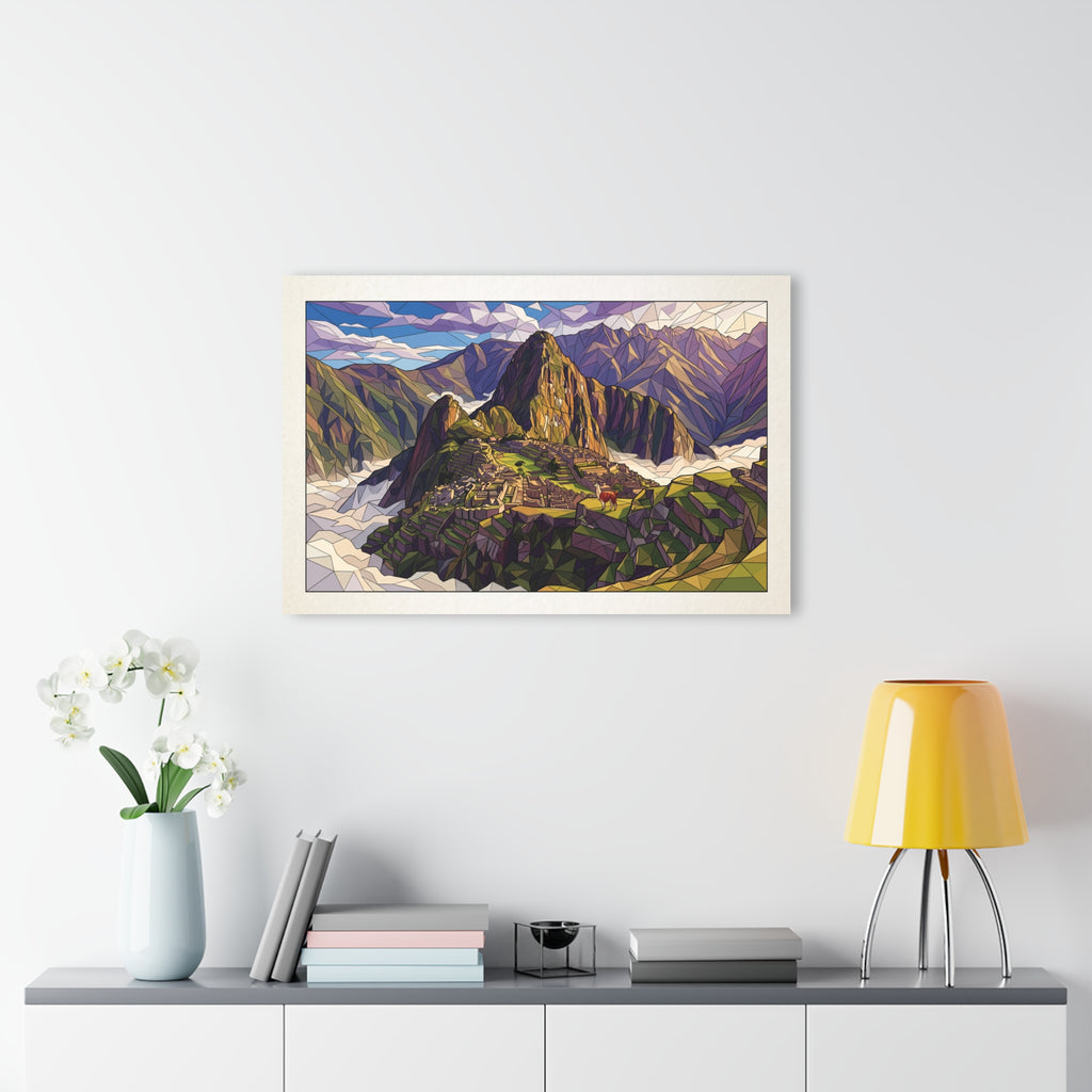 Framed geometric mountain landscape acrylic print above sideboard with lamp and books