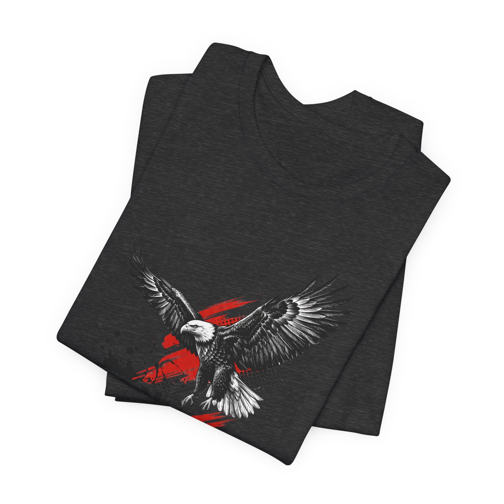 Charcoal heather T-shirt with eagle graphic, red stripes, and splatter background