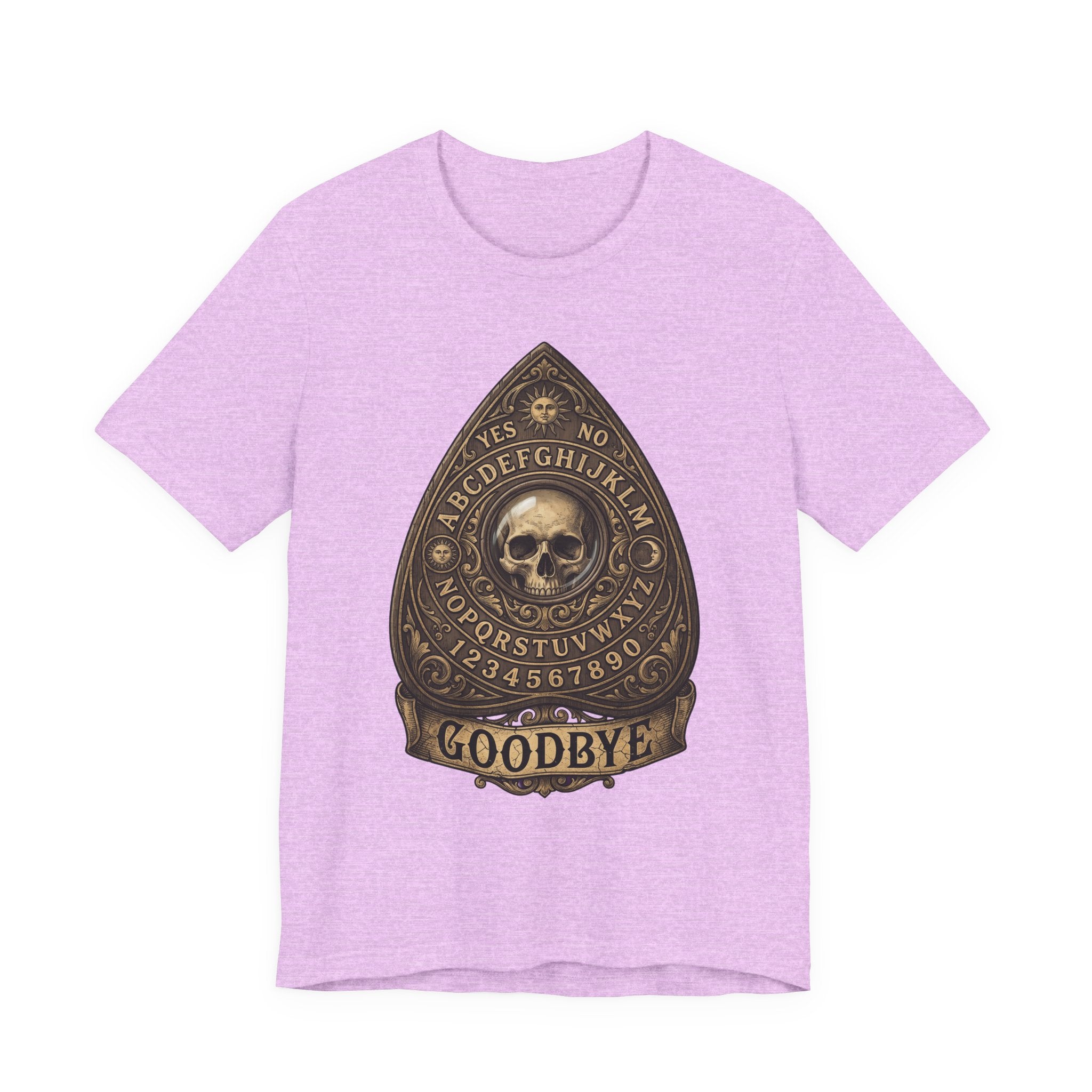 Ouija planchette skull T-shirt, heather prism lilac fabric, gold “GOODBYE” graphic front