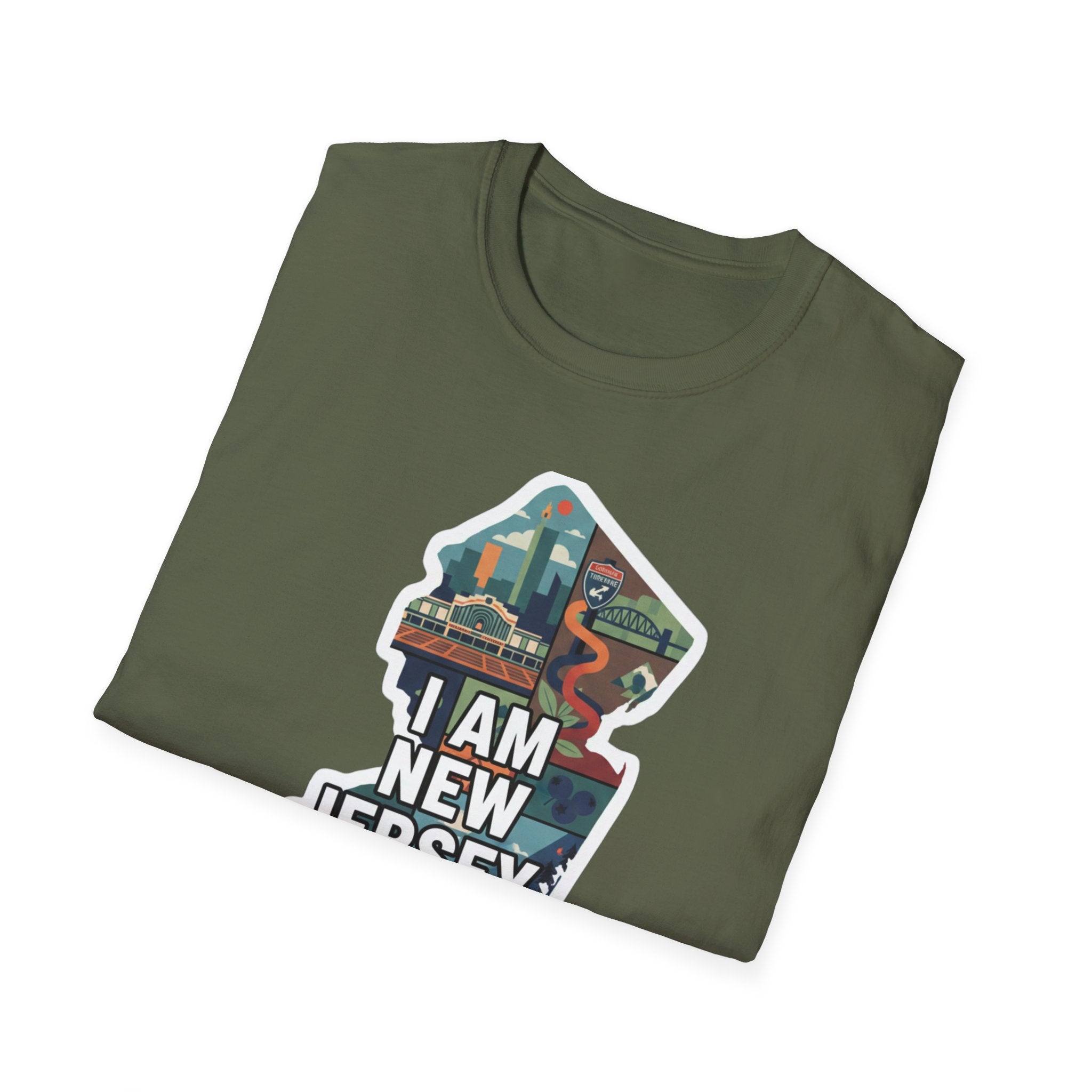 New Jersey map T-shirt, military green crew-neck with colorful New Jersey graphic print