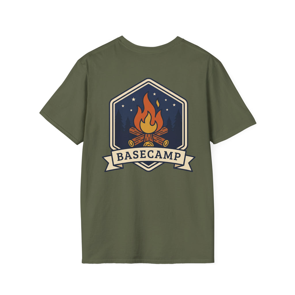 Olive green T-shirt with front Basecamp campfire badge graphic