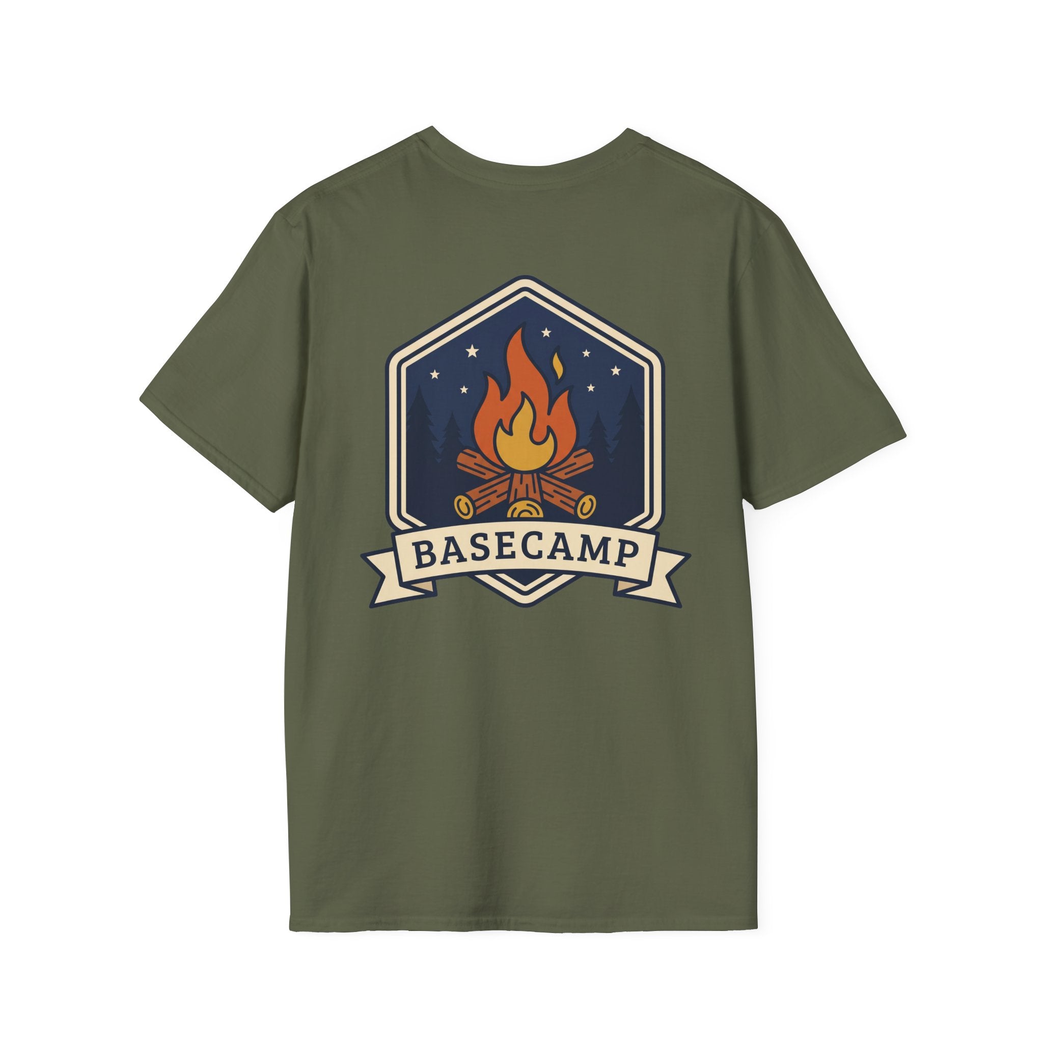 Olive green T-shirt with front Basecamp campfire badge graphic