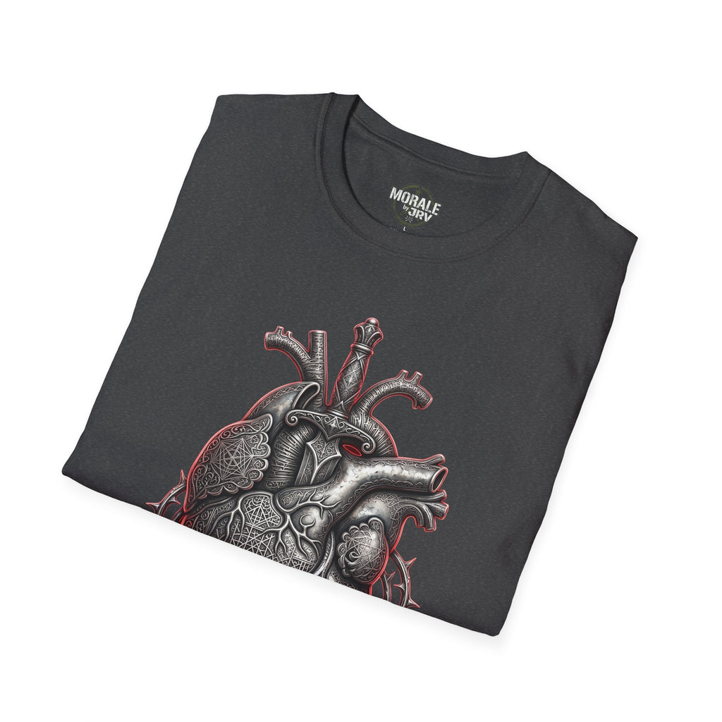 Dark heather anatomical heart and roses graphic T-shirt, short sleeves