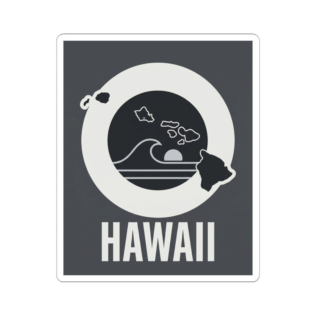 Square kiss-cut sticker with white circular wave emblem, island map, and HAWAII lettering