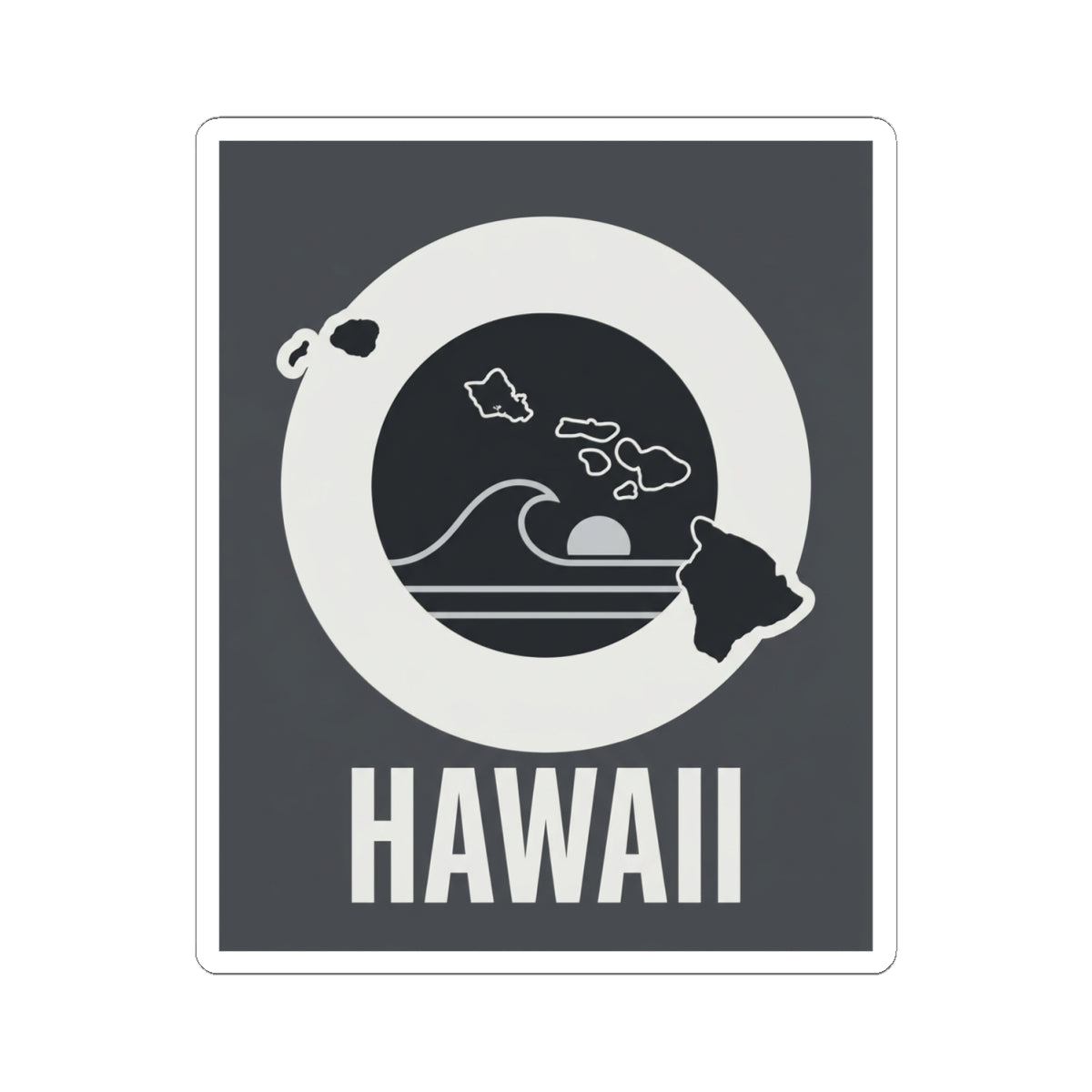 Square kiss-cut sticker with white circular wave emblem, island map, and HAWAII lettering