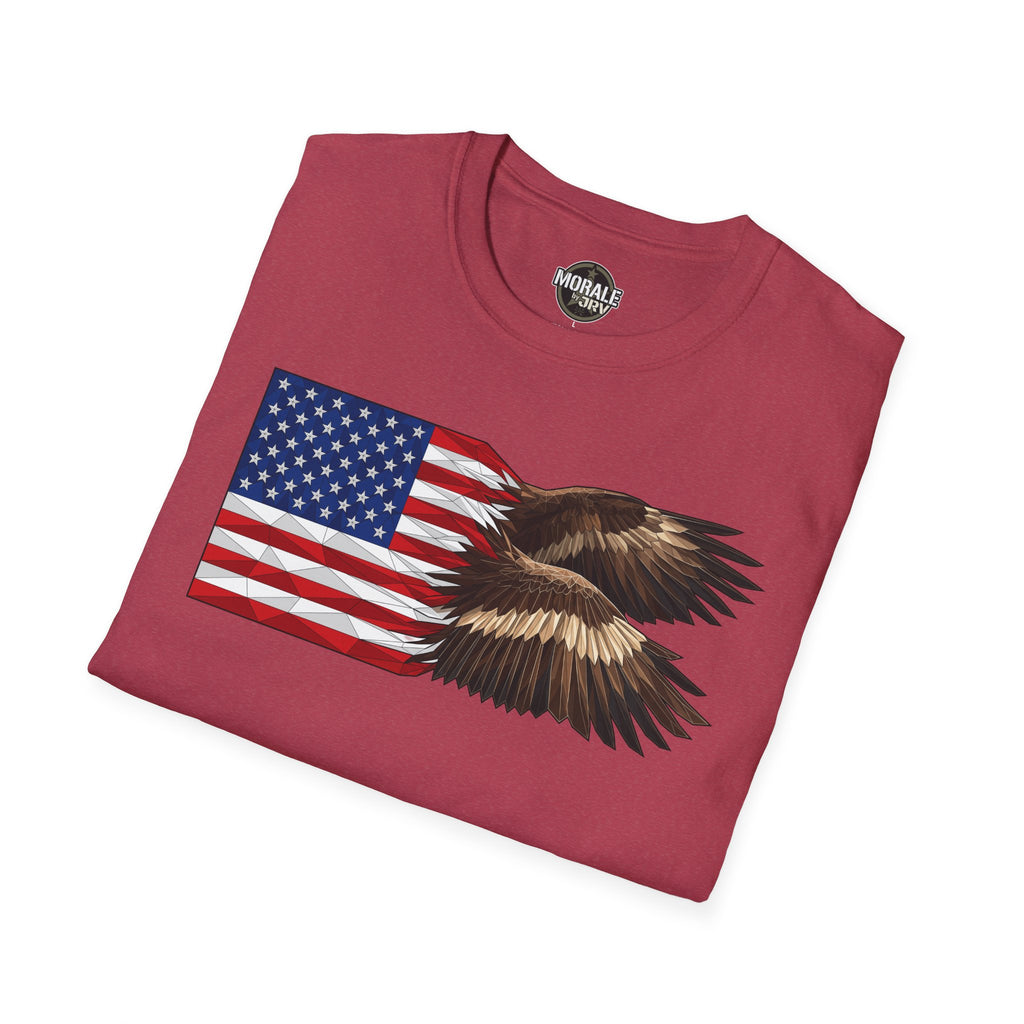 Red crewneck T-shirt with American flag and bald eagle wings design