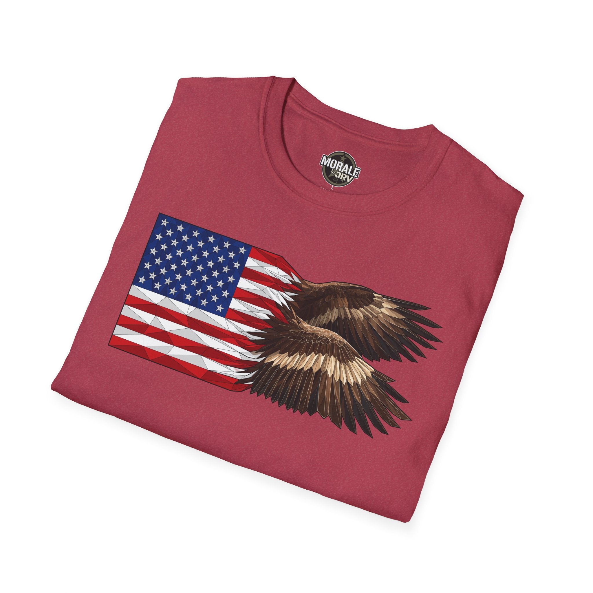 Red crewneck T-shirt with American flag and bald eagle wings design