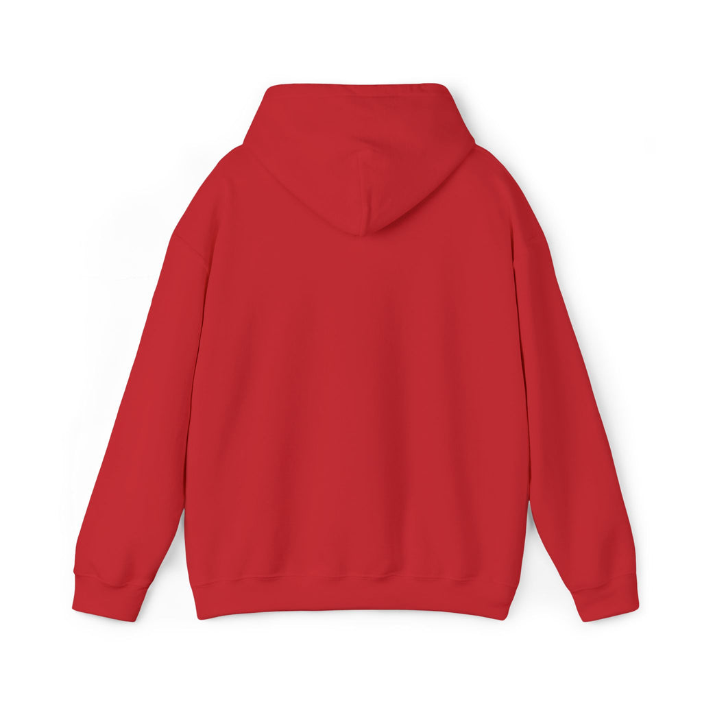 Red hoodie with attached hood, full back view