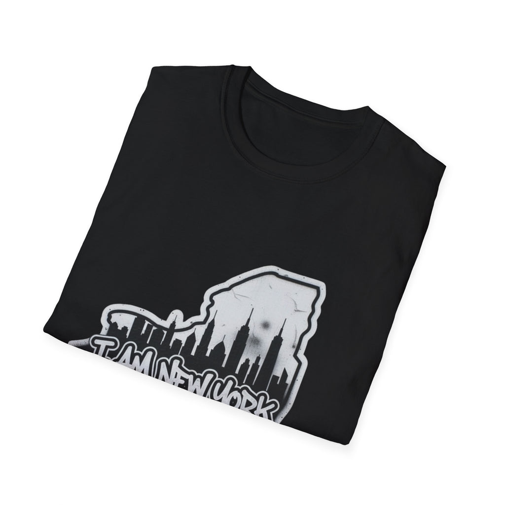 Black T-shirt with I AM NEW YORK graffiti skyline print across the front
