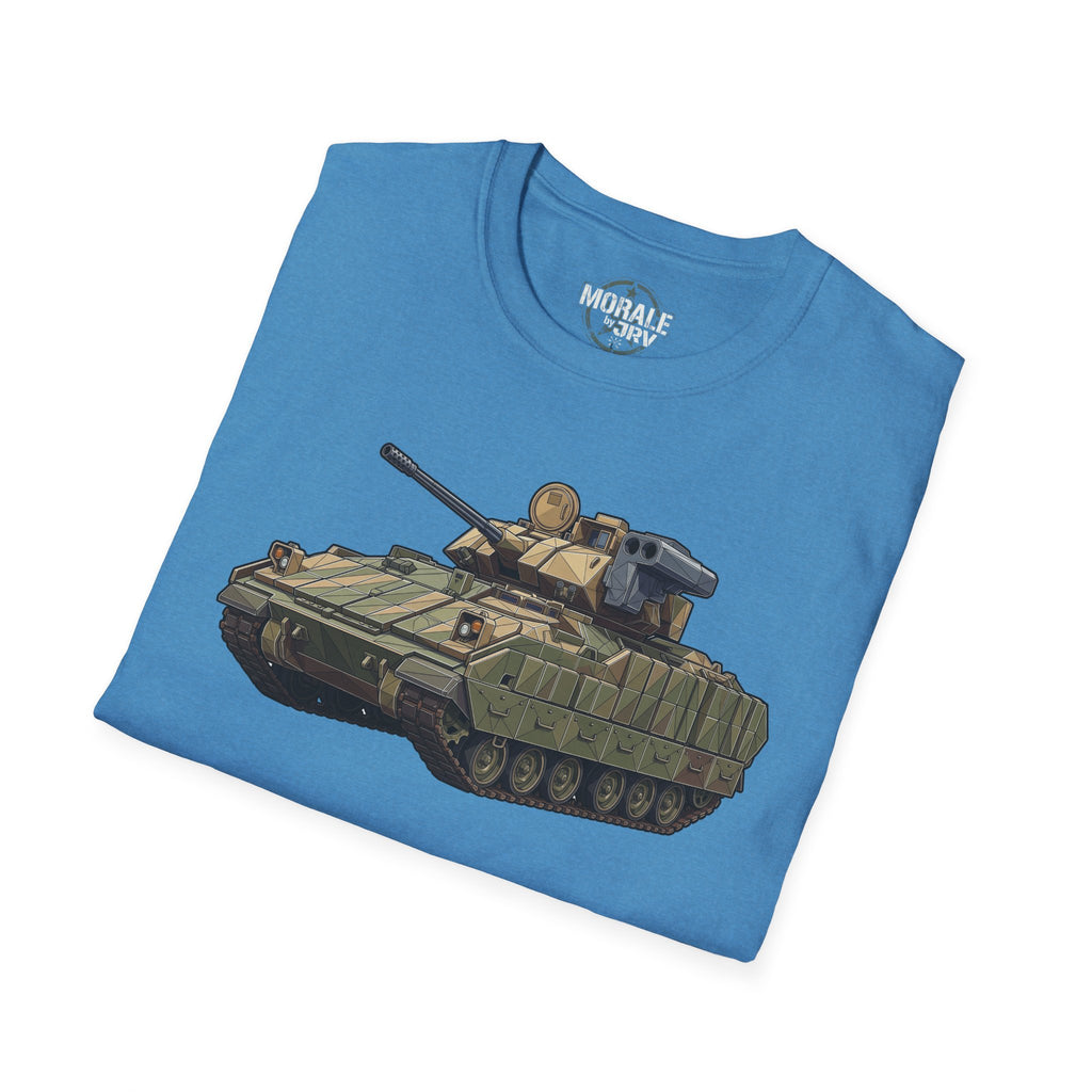 Military tank T-shirt with full armored vehicle graphic on light blue