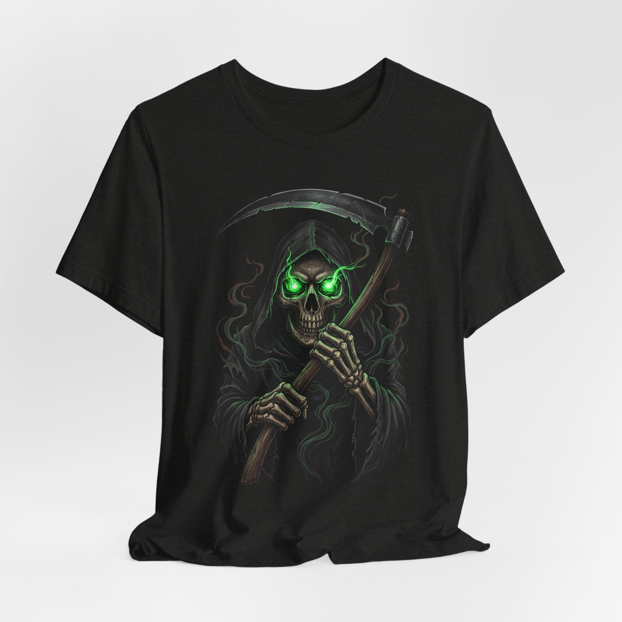 Black unisex t-shirt, skull holding scythe neon-green eyes front print