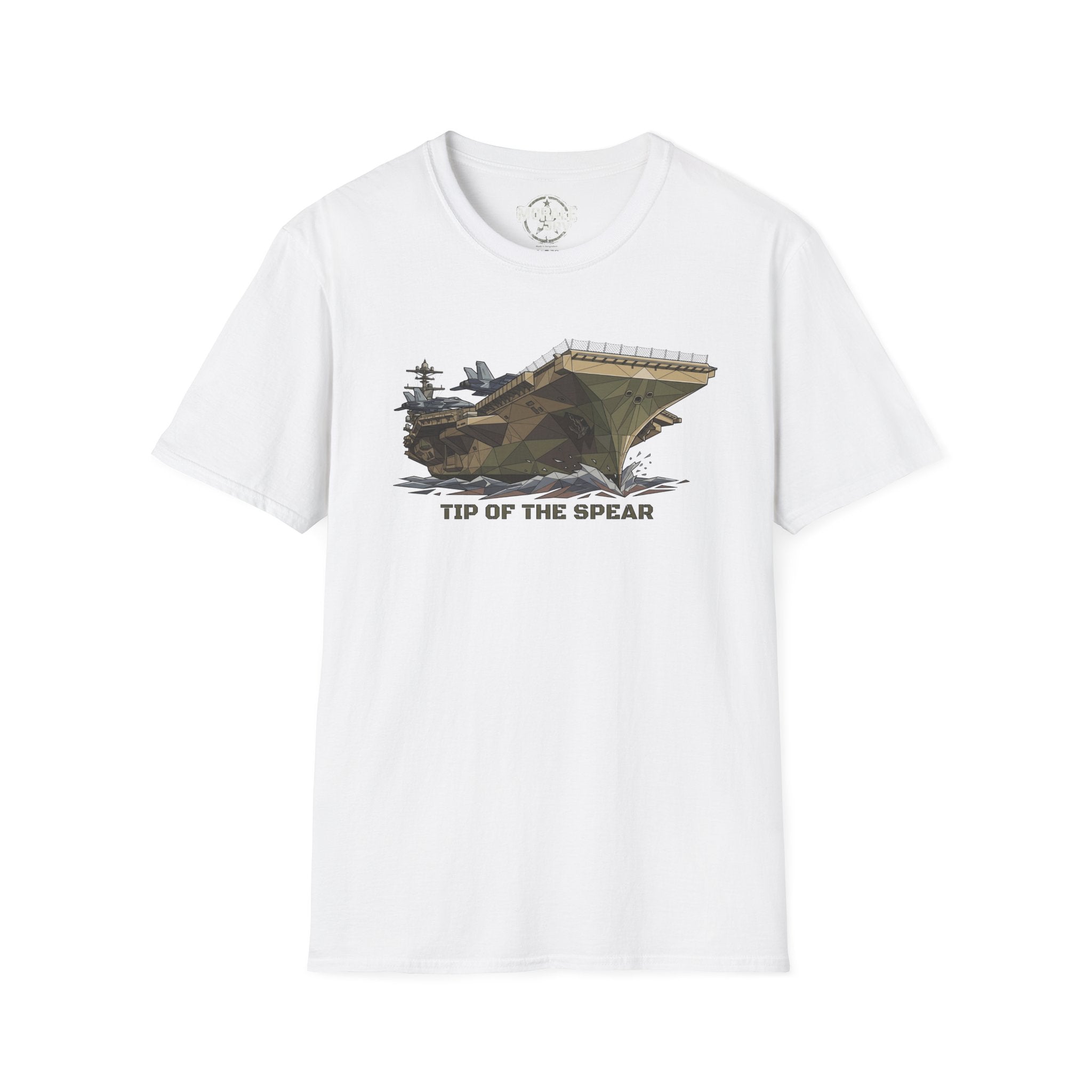 White T-shirt with vintage tank graphic and “TIP OF THE SPEAR” text on the chest