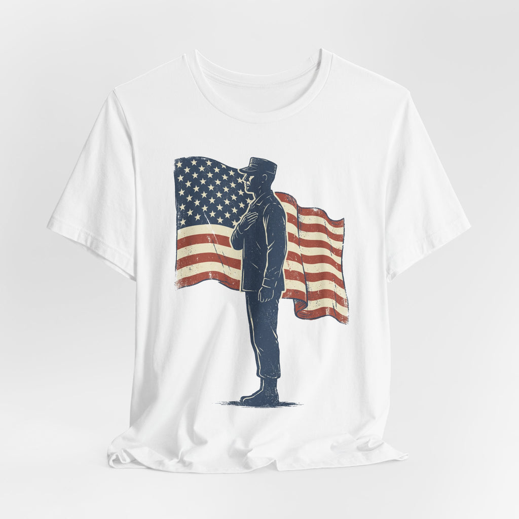 White crewneck T-shirt featuring a saluting soldier with American flag graphic