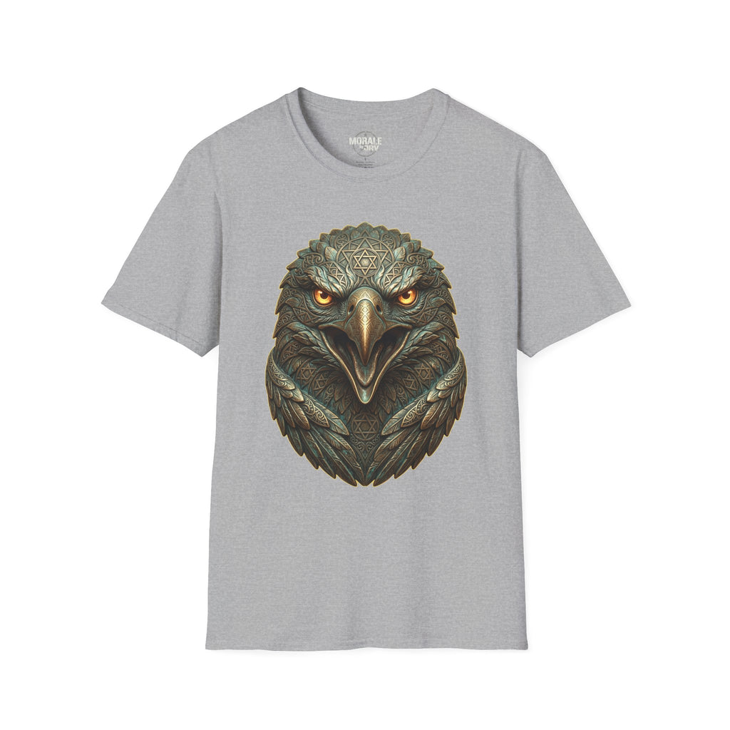 Sport grey T-shirt, realistic eagle head print with golden eyes