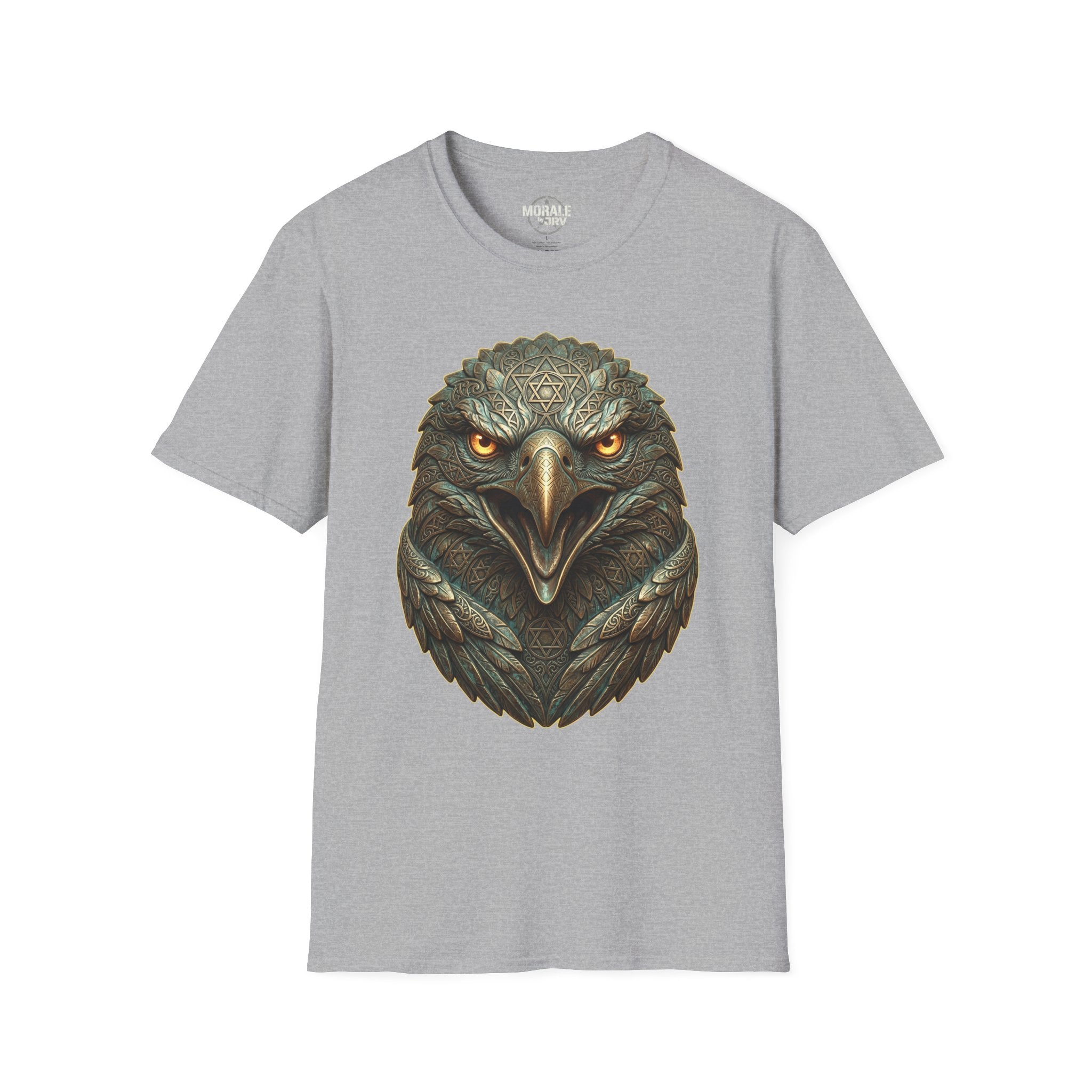Sport grey T-shirt, realistic eagle head print with golden eyes