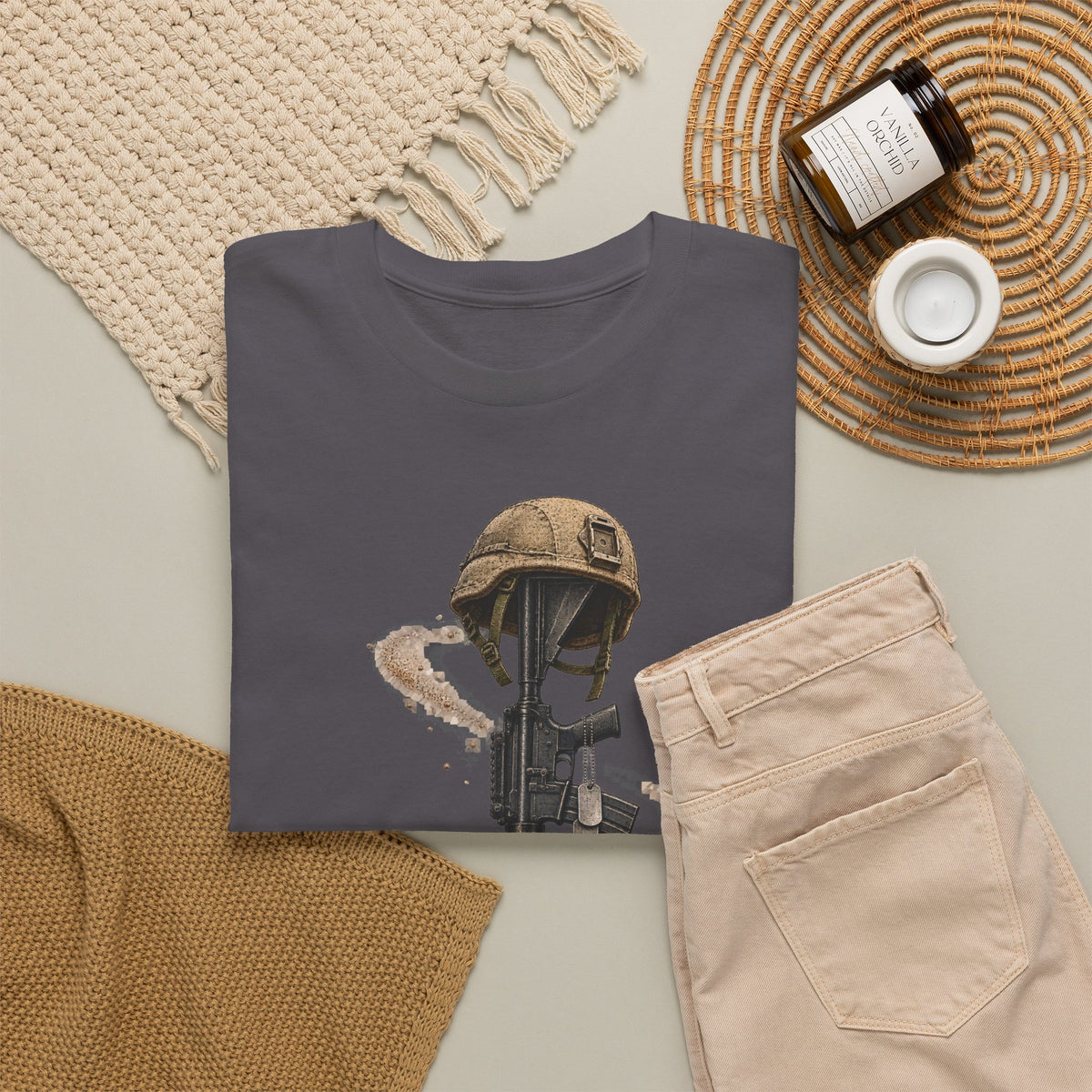 Charcoal crew-neck T-shirt with helmeted soldier graphic on front