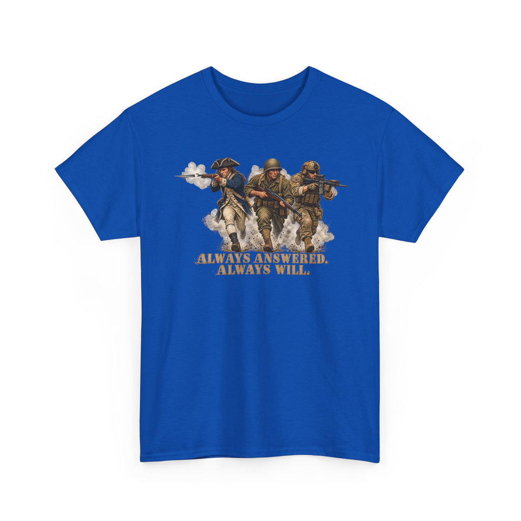 Blue graphic military T-shirt with soldier trio and 'Always Answered'/'Always Will' print